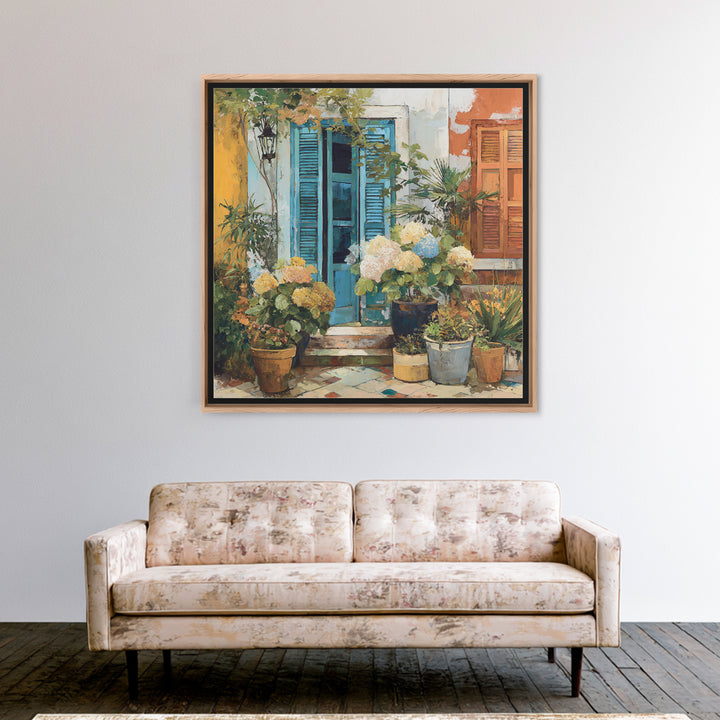 Soft Hydrangeas Beside Antique Shutters Framed Canvas Print, French Country Art, Home Decor, Farmhouse Decor, Fine Art, Country, FCA-1x1-32