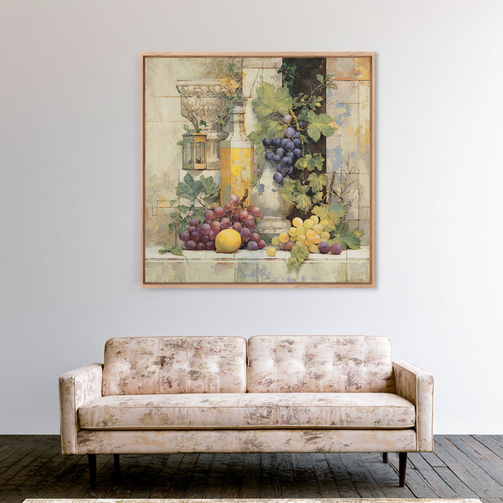 Grapes and Wine Still Life Framed Canvas Print, French Country Art, French Country Decor, Farmhouse Decor, Abstract Art, FCA-1x1-33