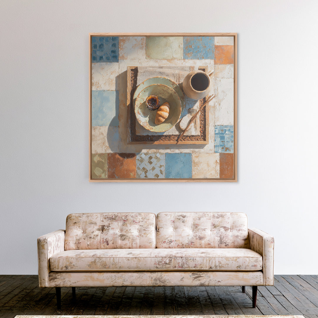 Caf Au Lait Bowl Framed Canvas Print, French Country Art, Digital Art Prints, Farmhouse Decor, Watercolor Art, Country, FCA-1x1-34