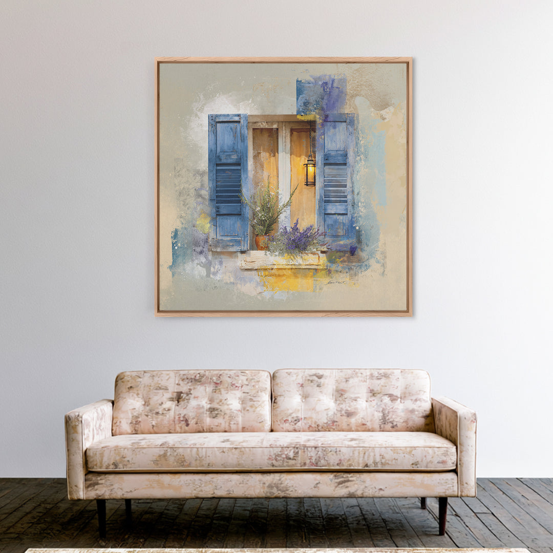 Weathered Window with Blue Shutters Canvas Print, French Country Art, Botanical Wall Art, Farmhouse Decor, Watercolor Art, FCA-1x1-45