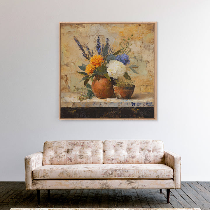 Antique Copper Pot and Flowers Still Life Framed Canvas Print, French Country Art, Wall Art, Farmhouse Decor, Oil Painting, FCA-1x1-48