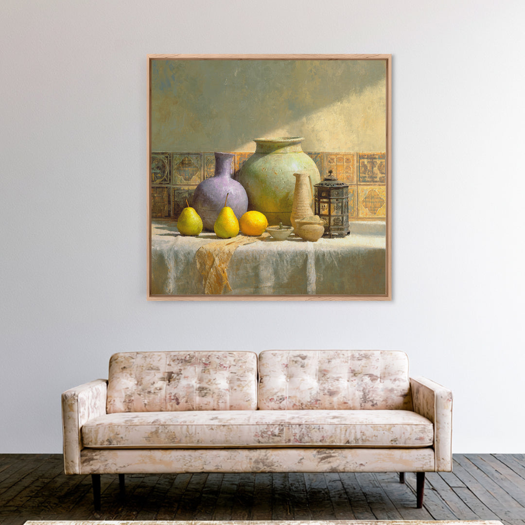 Pear Still Life on Linen Tablecloth Framed Canvas Print, French Country Art, Digital Art Prints, Farmhouse Decor, Abstract Art, FCA-1x1-52