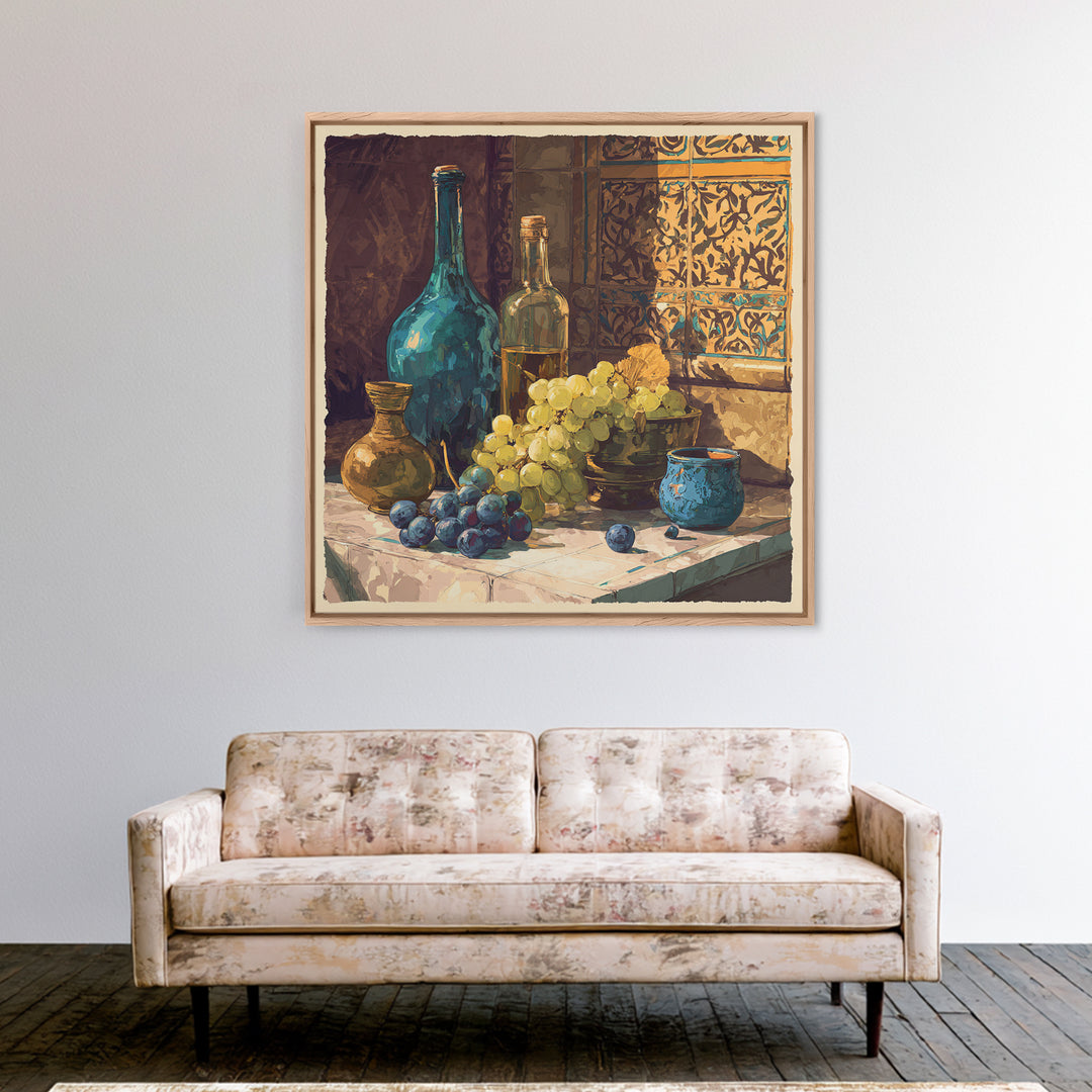 Grapes and Wine Still Life Framed Canvas Print, French Country Art, French Country Decor, Farmhouse Decor, Abstract Art, FCA-1x1-57