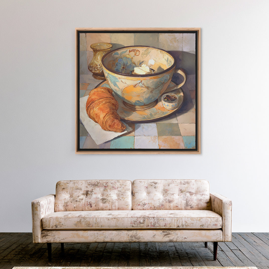 Caf Au Lait Bowl Framed Canvas Print, French Country Art, Digital Art Prints, Farmhouse Decor, Watercolor Art, Country, FCA-1x1-58