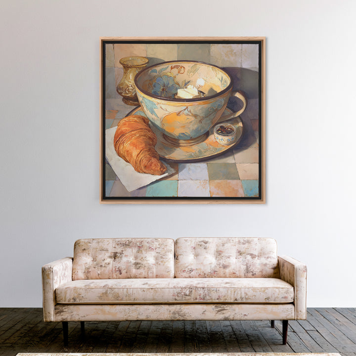 Caf Au Lait Bowl Framed Canvas Print, French Country Art, Digital Art Prints, Farmhouse Decor, Watercolor Art, Country, FCA-1x1-58