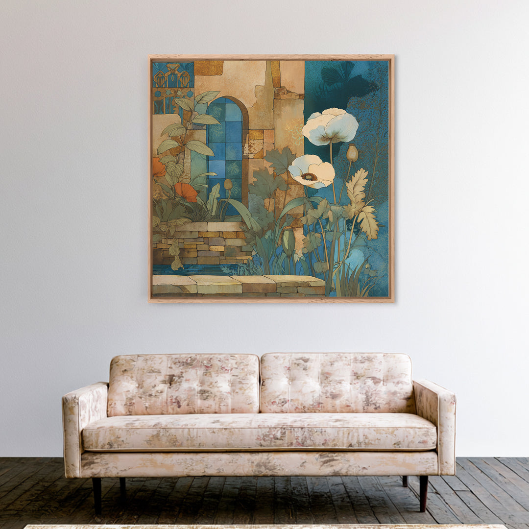 Poppies Beside a Stone Garden Wall Framed Canvas Print, French Country Art, Landscape Wall Art, Farmhouse Decor, Oil Painting, FCA-1x1-63