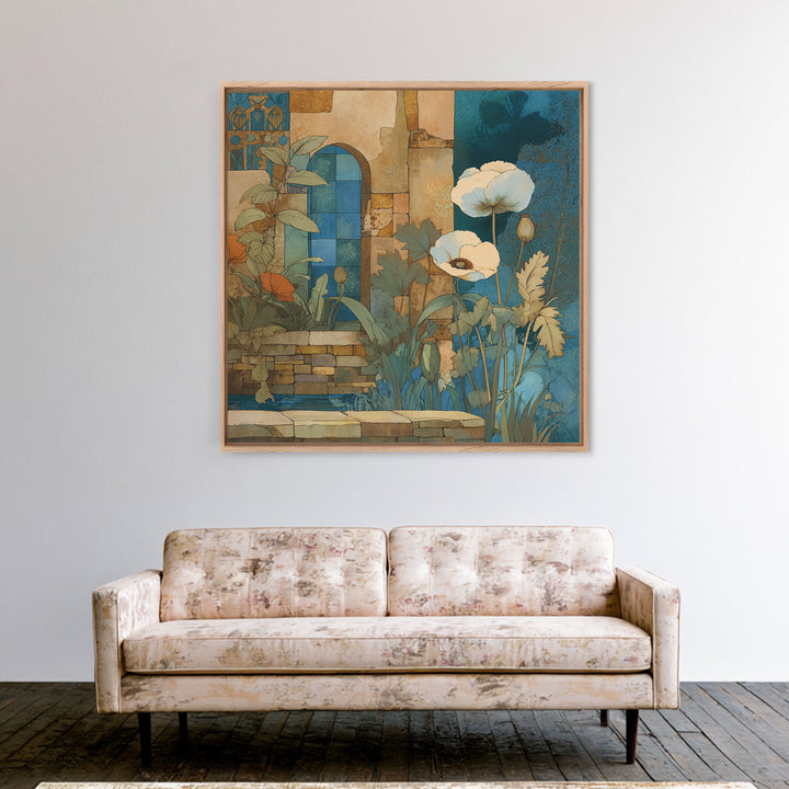 Poppies Beside a Stone Garden Wall Framed Canvas Print, French Country Art, Landscape Wall Art, Farmhouse Decor, Oil Painting, FCA-1x1-63