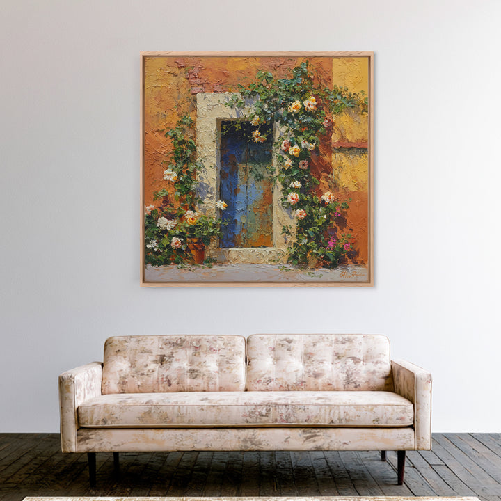 Rustic Door Covered Framed Canvas Print, French Country Art, Floral Wall Art, Farmhouse Decor, Fine Art, Country, Gallery Decor, FCA-1x1-65