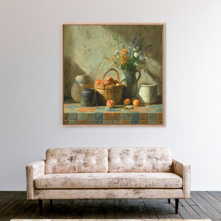 Basket of Fresh Peaches and Wildflowers Canvas Print, French Country Art, Eclectic Wall Art, Farmhouse Decor, Country, FCA-1x1-68
