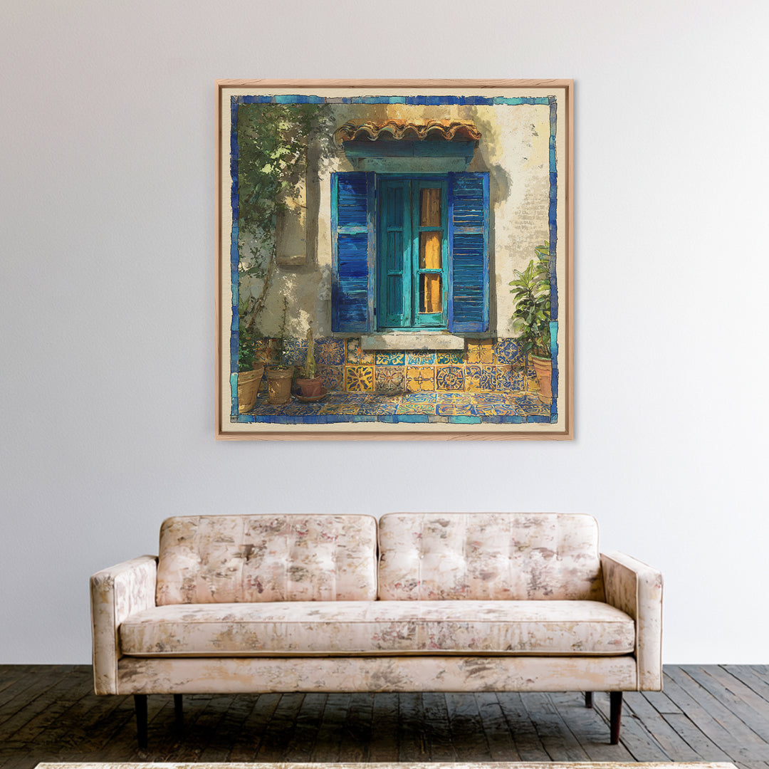 Weathered Window with Blue Shutters Canvas Print, French Country Art, Botanical Wall Art, Farmhouse Decor, Watercolor Art, FCA-1x1-69