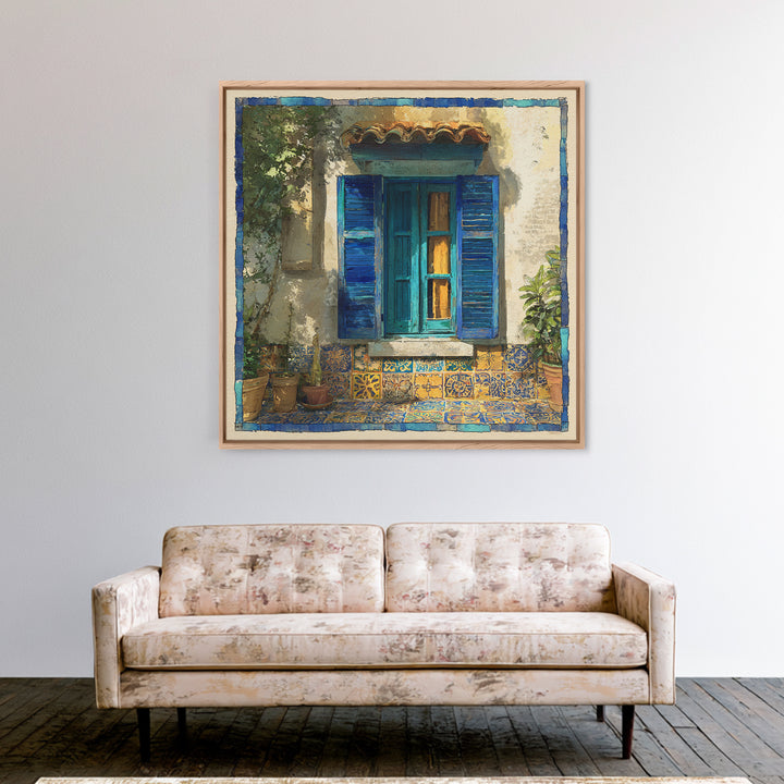 Weathered Window with Blue Shutters Canvas Print, French Country Art, Botanical Wall Art, Farmhouse Decor, Watercolor Art, FCA-1x1-69