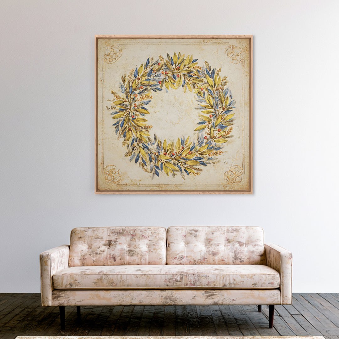 Olive Branch Wreath on Cream Ground Canvas Print, French Country Art, Farmhouse Wall Decor, Farmhouse Decor, Country, FCA-1x1-70