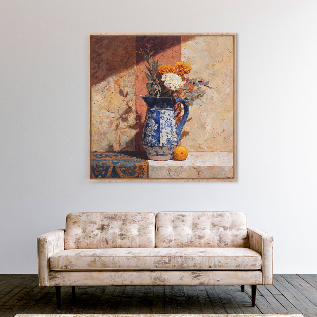 Blue and White Ceramic Pitcher Canvas Print, French Country Art, Digital Download Art, Farmhouse Decor, Fine Art, Country, FCA-1x1-75