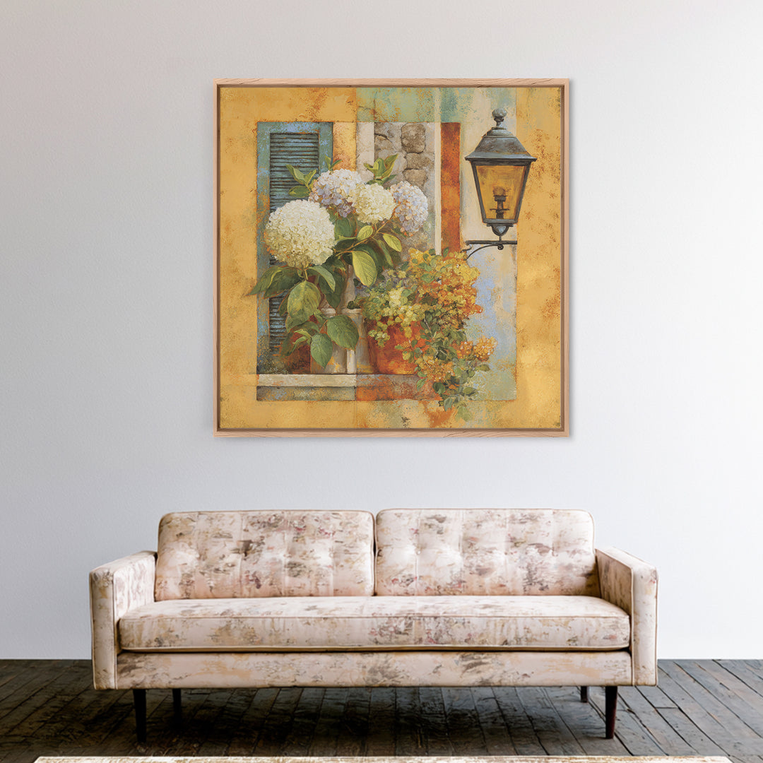 Soft Hydrangeas Beside Antique Shutters Framed Canvas Print, French Country Art, Home Decor, Farmhouse Decor, Fine Art, Country, FCA-1x1-80