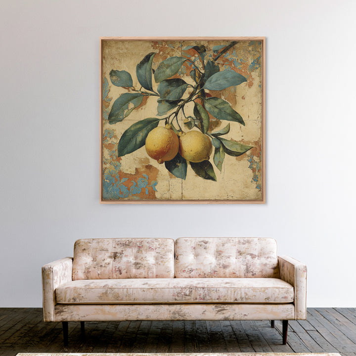 Aged Botanical Plate of Lemons and Leaves Canvas Print, French Country Art, Landscape Wall Art, Farmhouse Decor, Country, FCA-1x1-84