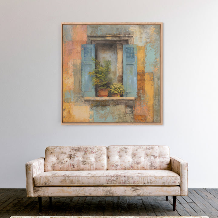 Weathered Window with Blue Shutters Framed Canvas Print, French Country Art, Landscape Wall Art, Farmhouse Decor, Oil Painting, FCA-1x1-93