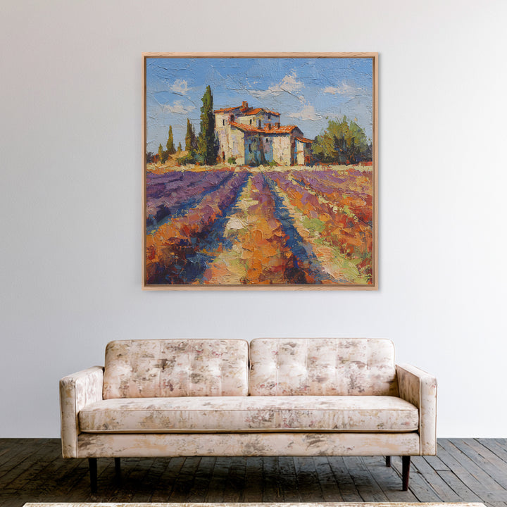 Lavender Field with Distant Stone Farmhouse Canvas Print, French Country Art, Farmhouse Decor, Oil Painting, Country, FCA-1x1-97