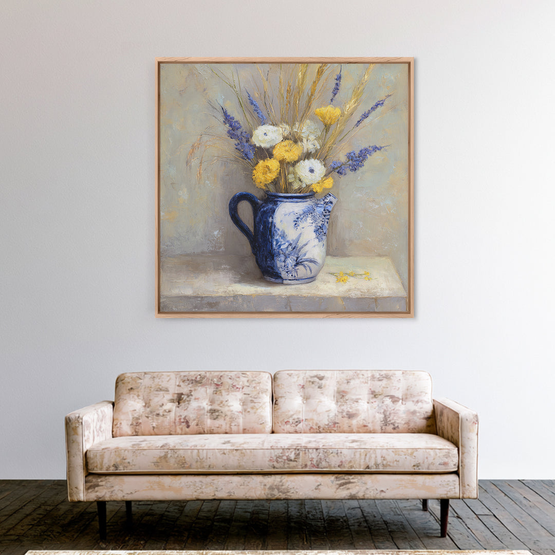 Blue and White Ceramic Pitcher Canvas Print, French Country Art, Farmhouse Decor, Oil Painting, Country, Digital Wall Art, FCA-1x1-99