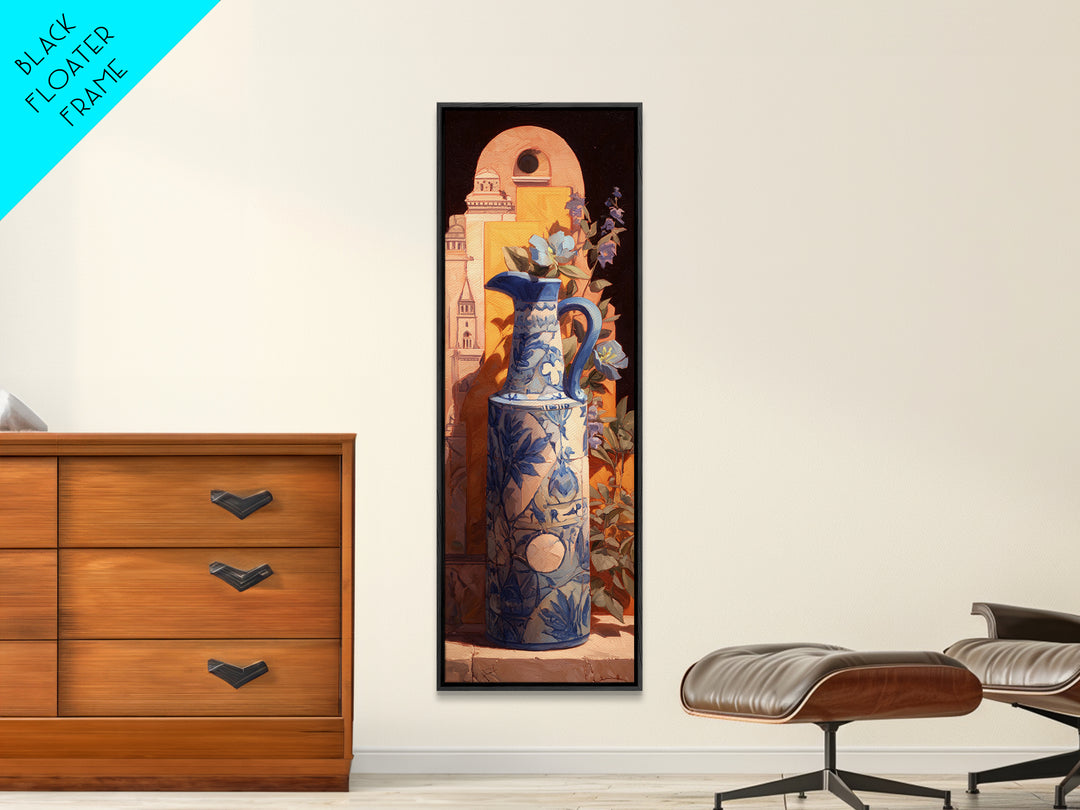 Blue and White Ceramic Pitcher Framed Canvas Print, French Country Art, Landscape Wall Art, Farmhouse Decor, Fine Art, Country, FCA-1x3-15