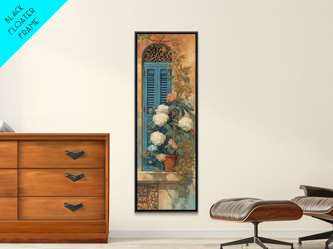 Soft Hydrangeas Beside Antique Shutters Framed Canvas Print, French Country Art, Eclectic Wall Art, Farmhouse Decor, Country, FCA-1x3-20