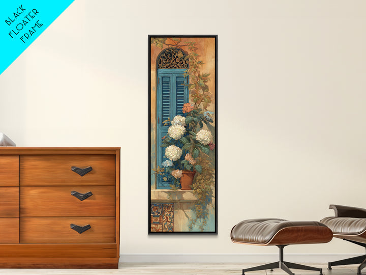 Soft Hydrangeas Beside Antique Shutters Framed Canvas Print, French Country Art, Eclectic Wall Art, Farmhouse Decor, Country, FCA-1x3-20