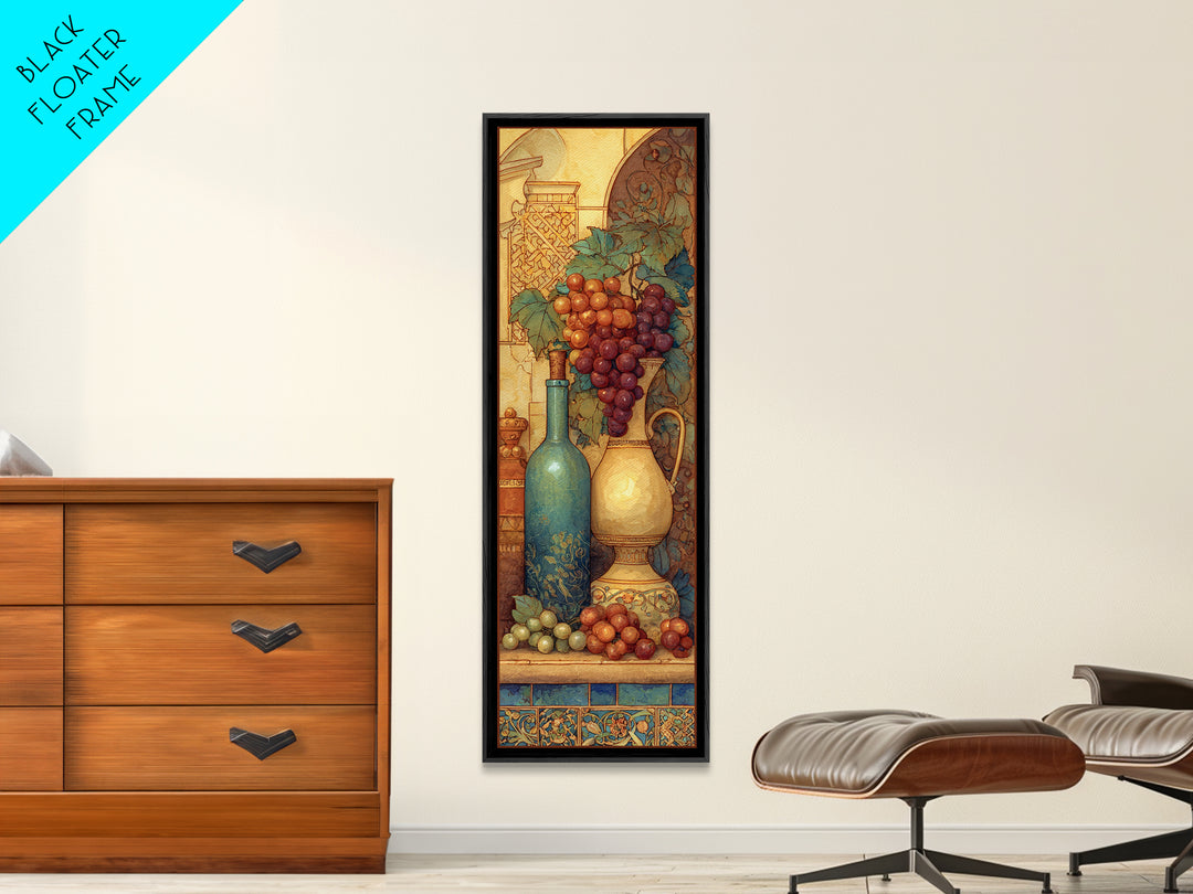 Grapes and Wine Still Life Framed Canvas Print, French Country Art, French Country Decor, Farmhouse Decor, Oil Painting, FCA-1x3-45