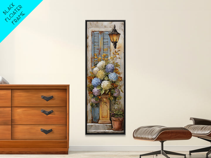 Soft Hydrangeas Beside Antique Shutters Canvas Print, French Country Art, Luxury Decor, Farmhouse Decor, Fine Art, Country, FCA-1x3-68