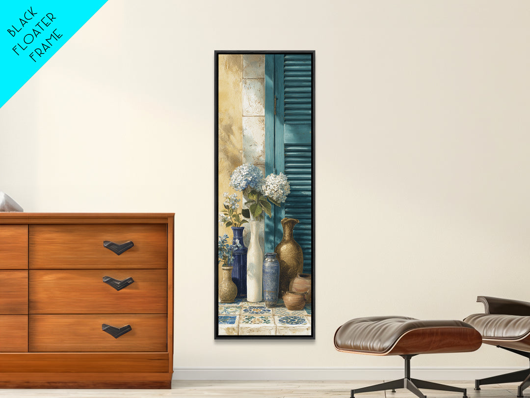Soft Hydrangeas Beside Antique Shutters Framed Canvas Print, French Country Art, Contemporary Art, Farmhouse Decor, Country, FCA-1x3-92