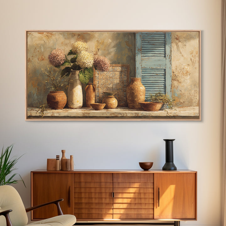 Soft Hydrangeas Beside Antique Shutters Framed Canvas Print, French Country Art, Floral Wall Art, Farmhouse Decor, Country, FCA-2x1-100