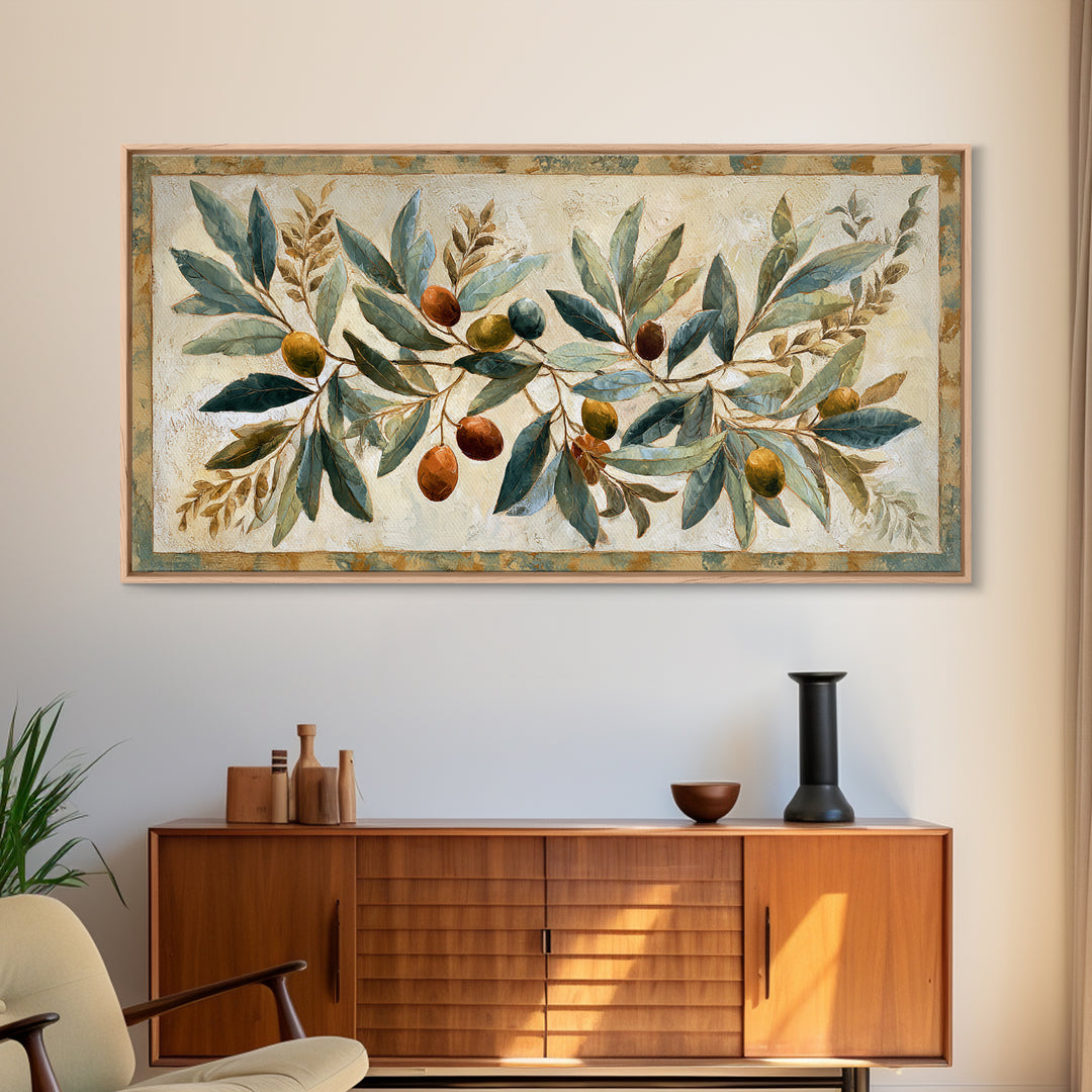 Olive Branch Wreath on Cream Ground Framed Canvas Print, French Country Art, Downloadable Art, Farmhouse Decor, Watercolor Art, FCA-2x1-18