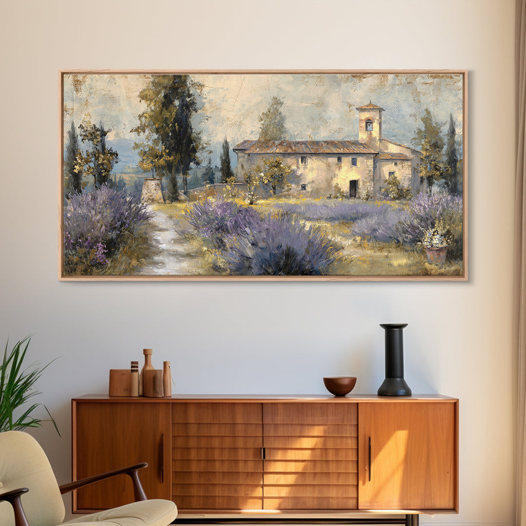 Lavender Field with Distant Stone Farmhouse Canvas Print, French Country Art, Farmhouse Decor, Oil Painting, Country, FCA-2x1-21