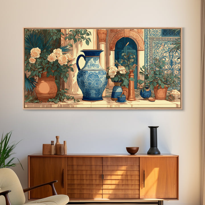 Blue and White Ceramic Pitcher Framed Canvas Print, French Country Art, Wall Art, Farmhouse Decor, Watercolor Art, Country, FCA-2x1-23