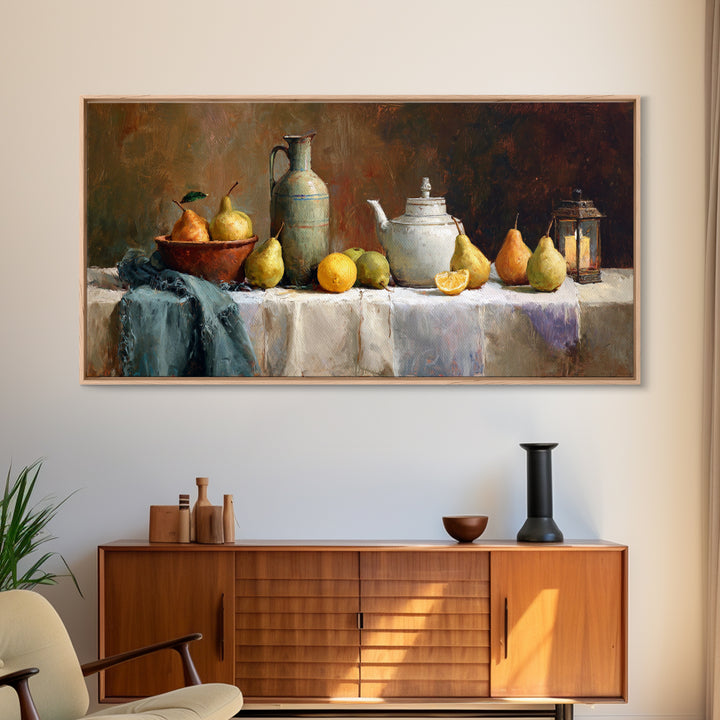 Pear Still Life on Linen Tablecloth Framed Canvas Print, French Country Art, Room Decor, Farmhouse Decor, Fine Art, Country, FCA-2x1-24