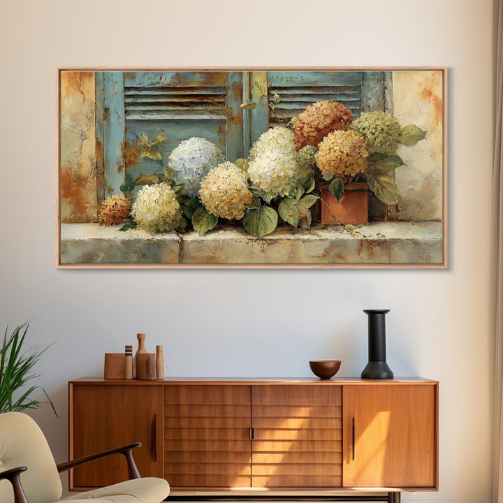 Soft Hydrangeas Beside Antique Shutters Framed Canvas Print, French Country Art, Textured Painting, Farmhouse Decor, Country, FCA-2x1-28