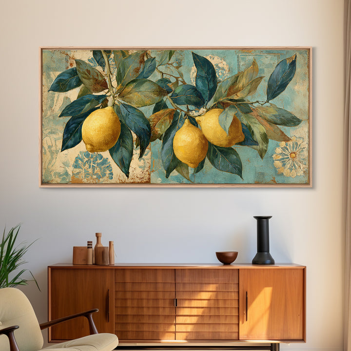 Aged Botanical Plate of Lemons and Leaves Canvas Print, French Country Art, Farmhouse Decor, Watercolor Art, Country, FCA-2x1-32