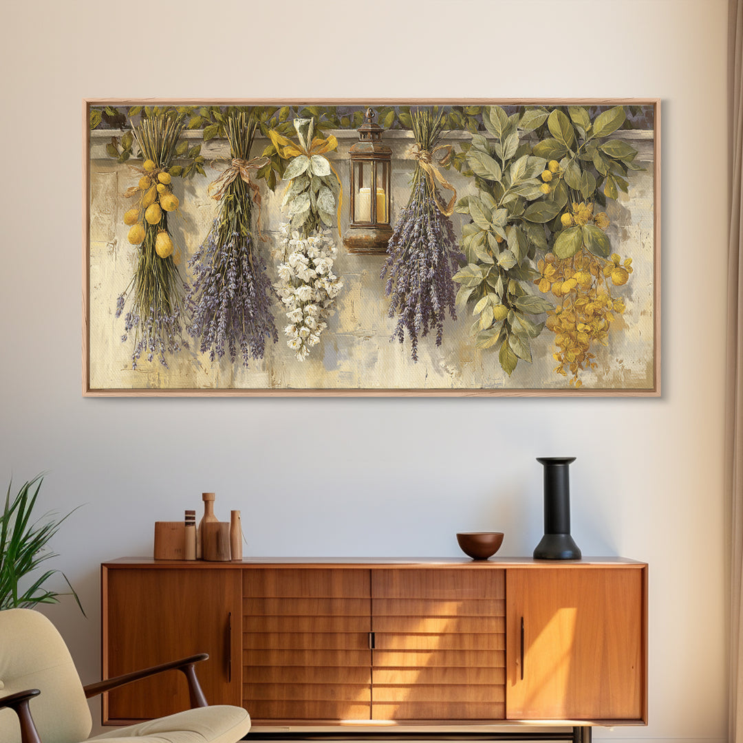 Farmhouse Kitchen Herbs Tied Framed Canvas Print, French Country Art, Above Bed Art, Farmhouse Decor, Fine Art, Country, FCA-2x1-33