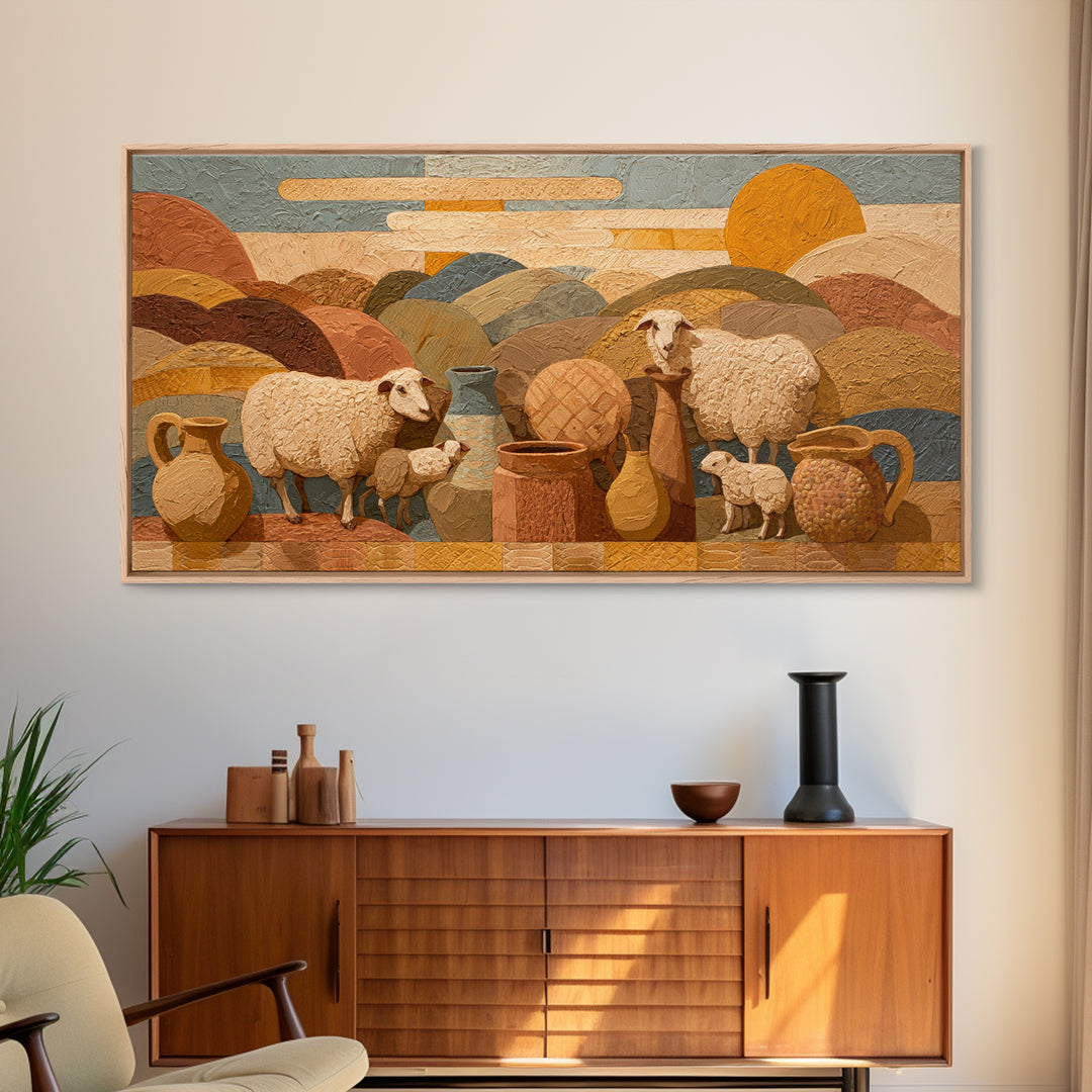 Pastoral Sheep in Rolling Countryside Framed Canvas Print, French Country Art, Home Decor, Farmhouse Decor, Fine Art, Country, FCA-2x1-34