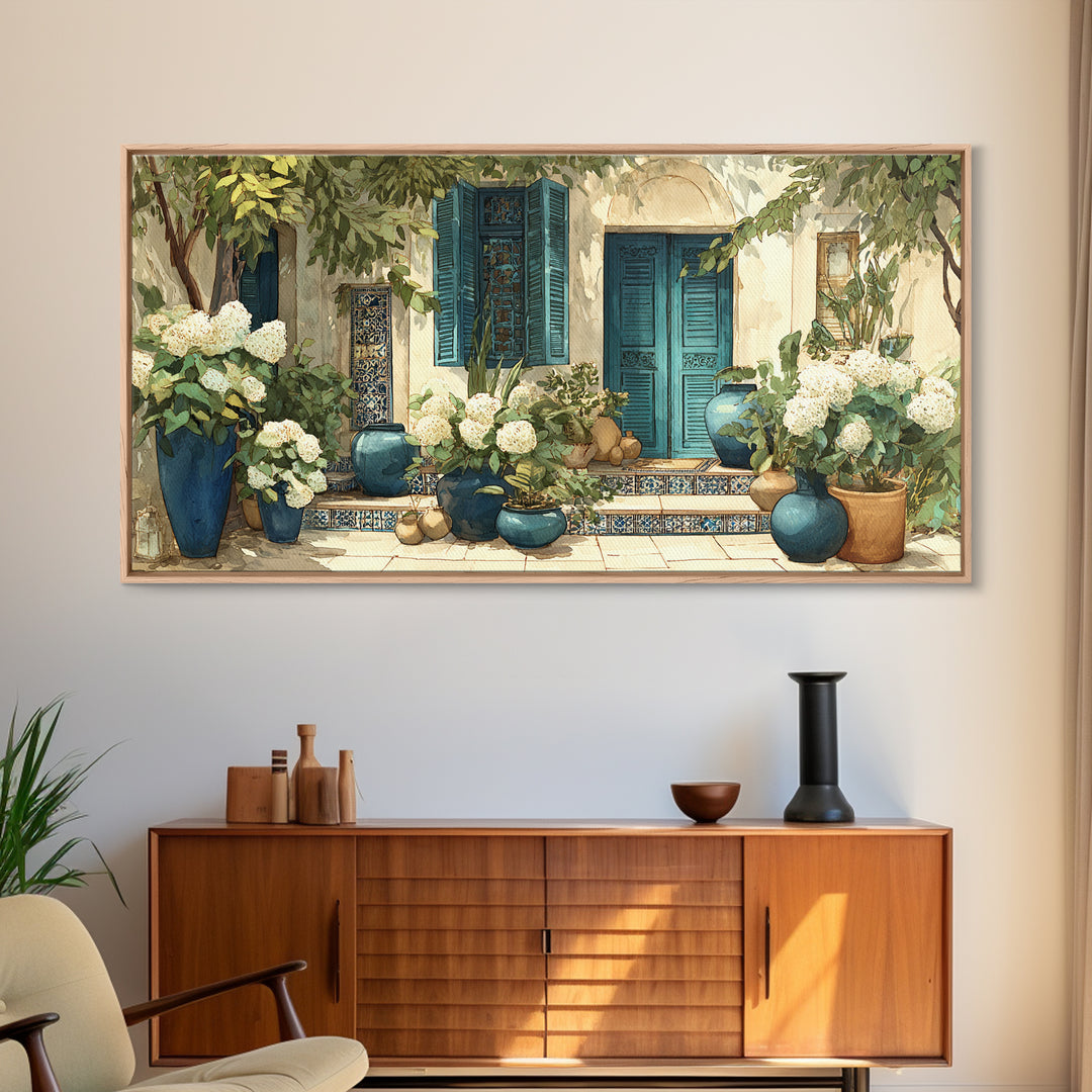 Soft Hydrangeas Beside Antique Shutters Canvas Print, French Country Art, Statement Artwork, Farmhouse Decor, Fine Art, Country, FCA-2x1-4