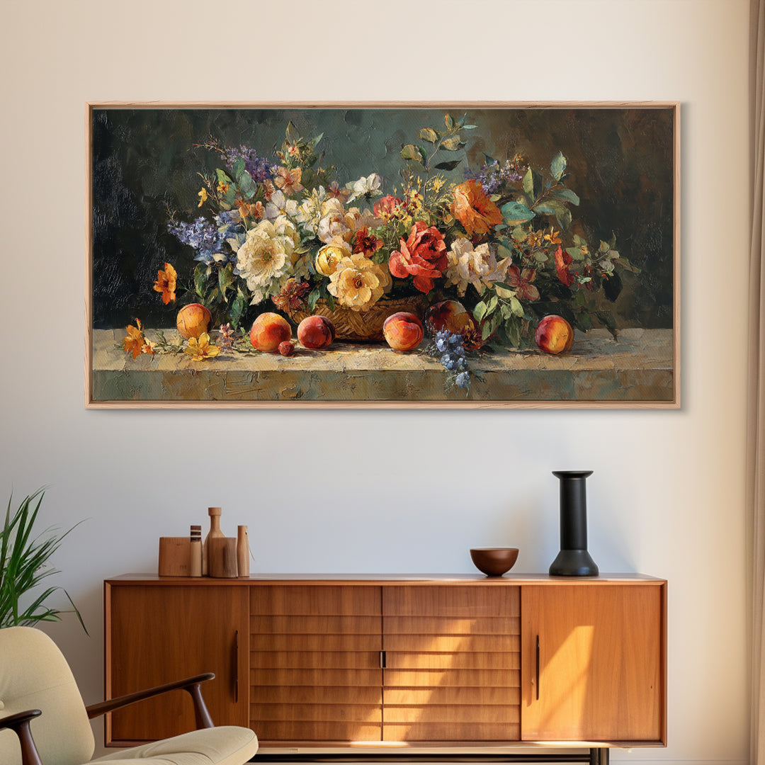 Basket of Fresh Peaches and Wildflowers Framed Canvas Print, French Country Art, Contemporary Art, Farmhouse Decor, Country, FCA-2x1-40