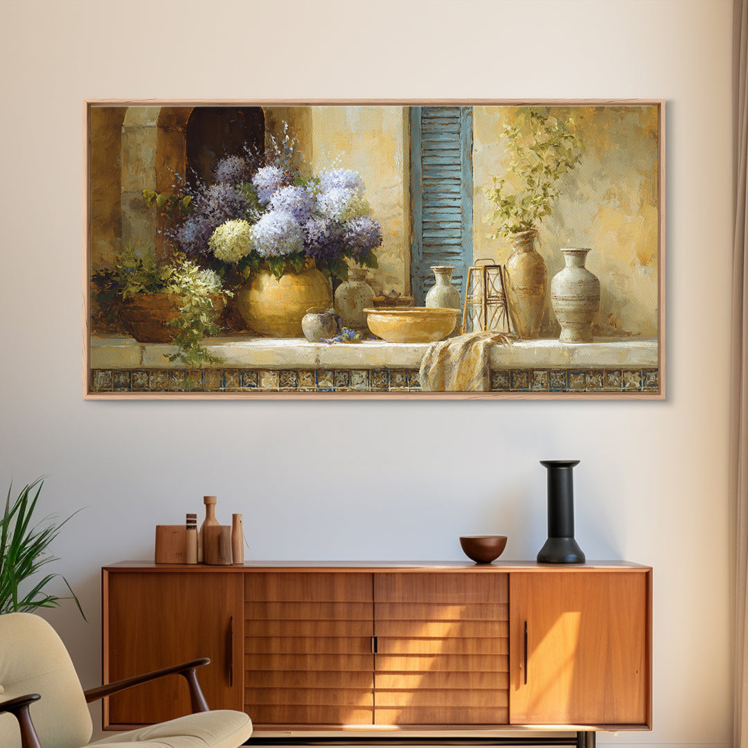 Soft Hydrangeas Beside Antique Shutters Canvas Print, French Country Art, Digital Prints, Farmhouse Decor, Fine Art, Country, FCA-2x1-52