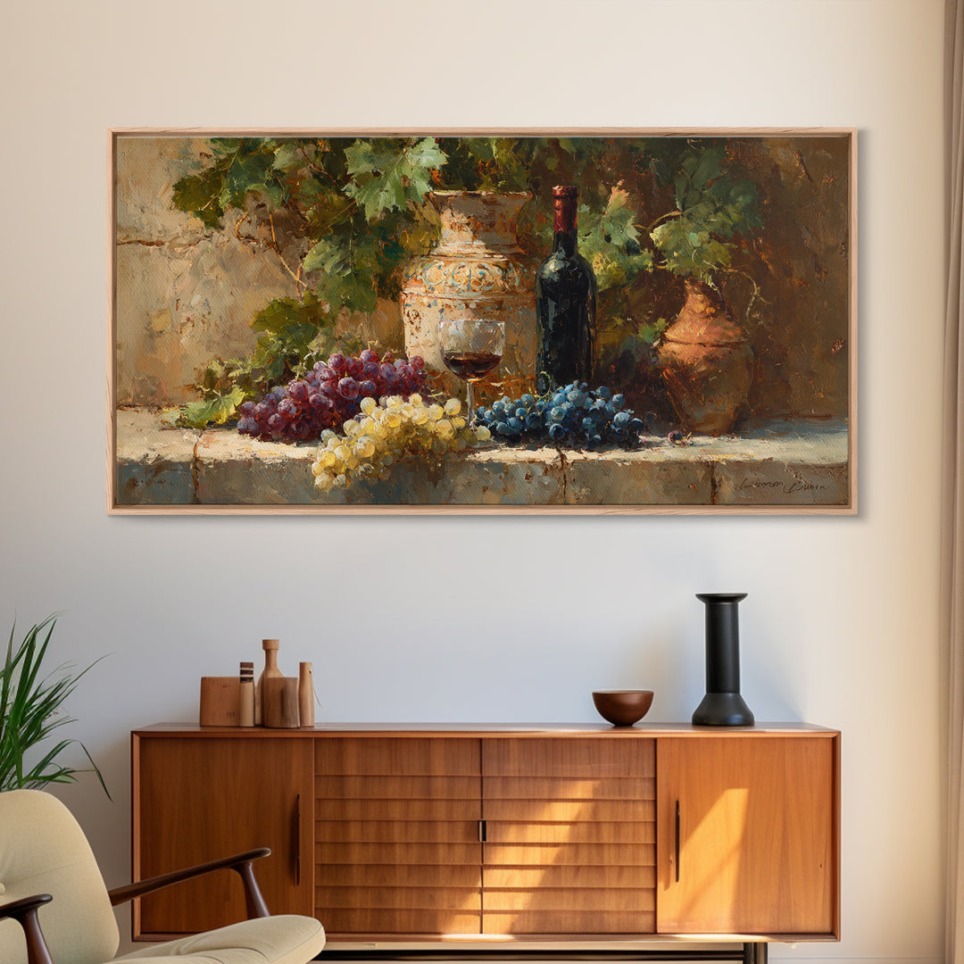 Grapes and Wine Still Life Canvas Print, French Country Art, Farmhouse Decor, Oil Painting, Country, Digital Wall Art, FCA-2x1-53