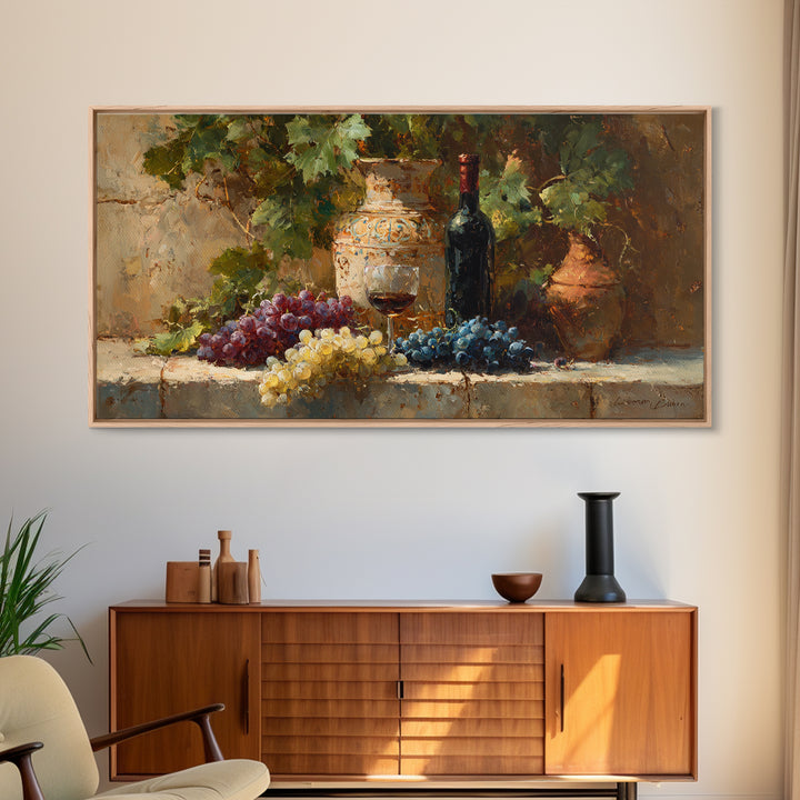 Grapes and Wine Still Life Canvas Print, French Country Art, Farmhouse Decor, Oil Painting, Country, Digital Wall Art, FCA-2x1-53