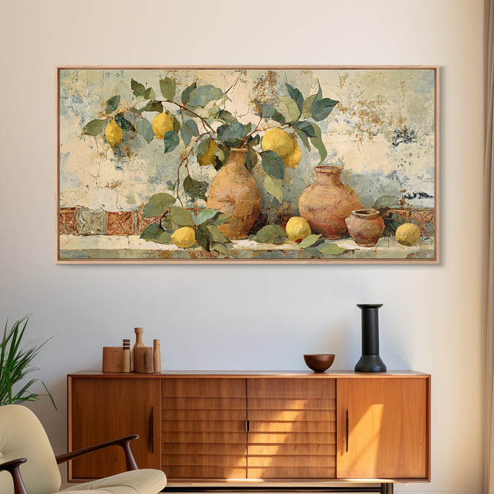 Aged Botanical Plate of Lemons and Leaves Framed Canvas Print, French Country Art, Digital Art, Farmhouse Decor, Country, FCA-2x1-56