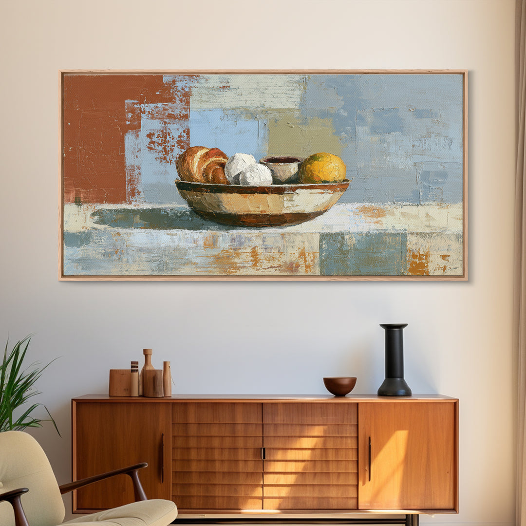 Caf Au Lait Bowl Framed Canvas Print, French Country Art, Above Bed Art, Farmhouse Decor, Fine Art, Country, Textured Painting, FCA-2x1-6