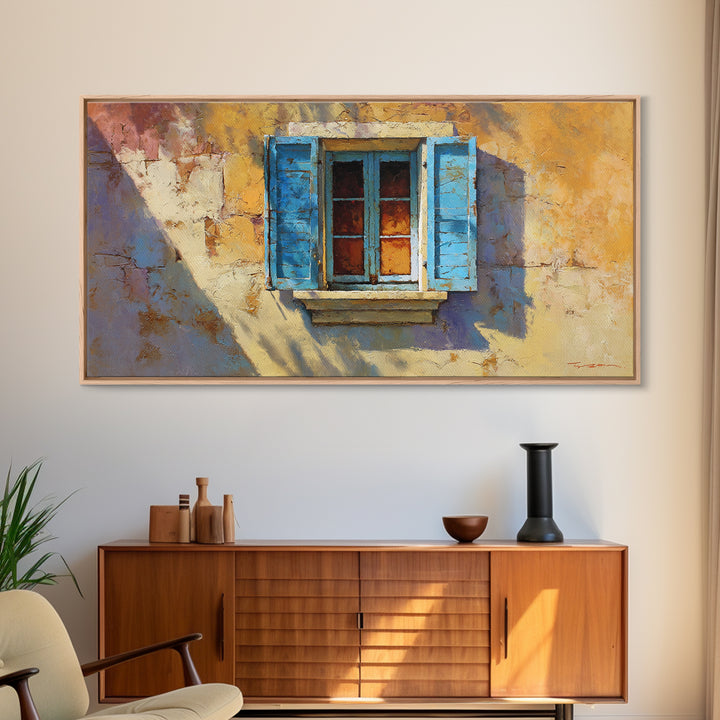 Weathered Window with Blue Shutters Framed Canvas Print, French Country Art, Boho Decor, Farmhouse Decor, Abstract Art, Country, FCA-2x1-65