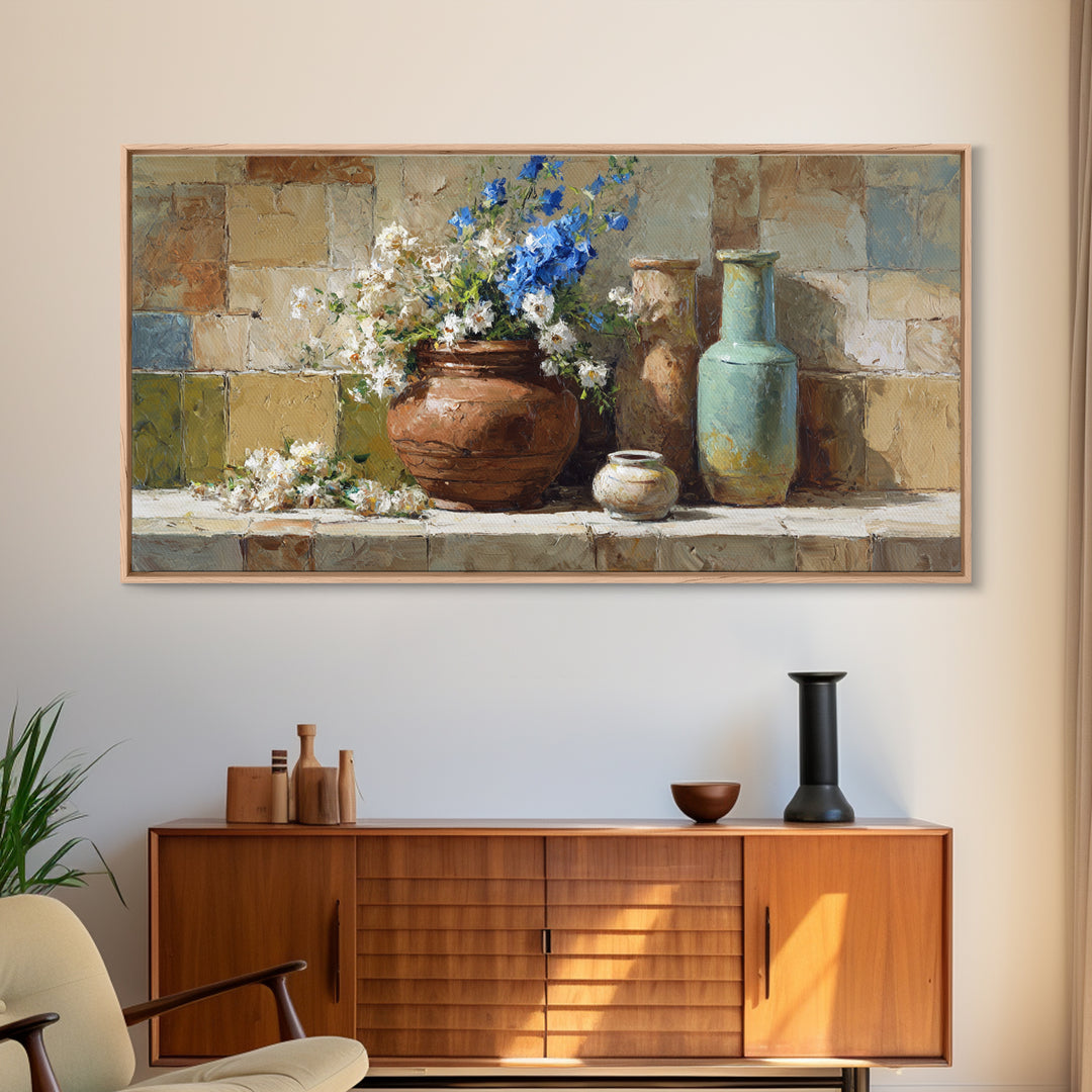 Antique Copper Pot and Flowers Still Life Canvas Print, French Country Art, Oil Painting, Farmhouse Decor, Watercolor Art, FCA-2x1-68
