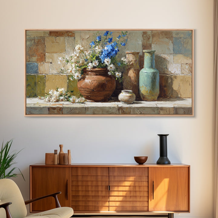 Antique Copper Pot and Flowers Still Life Canvas Print, French Country Art, Oil Painting, Farmhouse Decor, Watercolor Art, FCA-2x1-68
