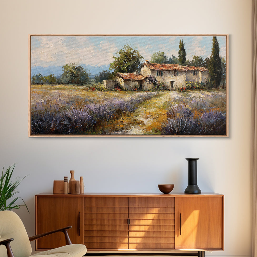 Lavender Field with Distant Stone Farmhouse Canvas Print, French Country Art, Minimalist Decor, Farmhouse Decor, Country, FCA-2x1-69