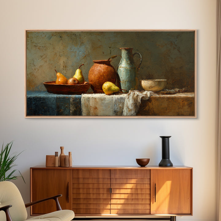 Pear Still Life on Linen Tablecloth Framed Canvas Print, French Country Art, Digital Wall Art, Farmhouse Decor, Abstract Art, FCA-2x1-72