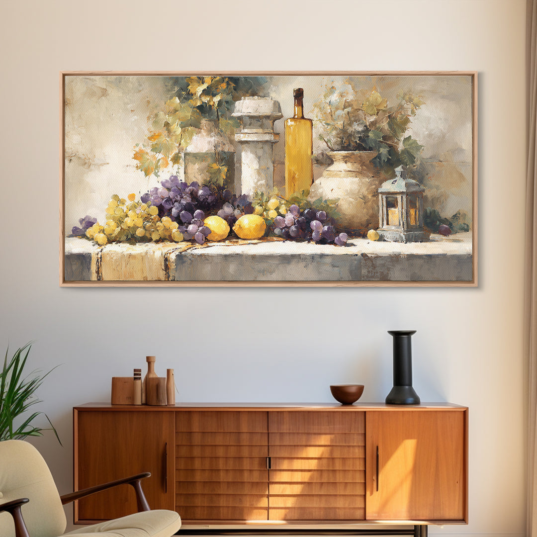 Grapes and Wine Still Life Canvas Print, French Country Art, Farmhouse Decor, Oil Painting, Country, Digital Wall Art, FCA-2x1-77